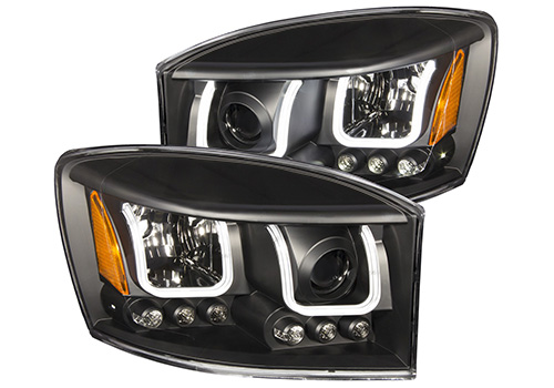 Black Projector Headlights With U-Bar Halos 06-08 Dodge Ram